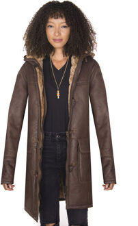 Dames bruine schapenvacht leren duffelcoat met capuchon-Charlotte - EU 42 / UK 14