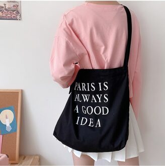 Dames Canvas Tas Vrouwelijke Eenvoudige Engels Brief Afdrukken Schoudertas Womenlarge Capaciteit Crossbody Tas Student Strap Boek Tas zwart