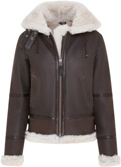 Dames Creck Bruine Leren Bomberjack met Capuchon van Schapenvacht - Sovereign Donker Bruin - EU 44 / UK 16