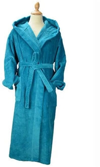 Dames deluxe badjas met capuchon - maat XS Blauw