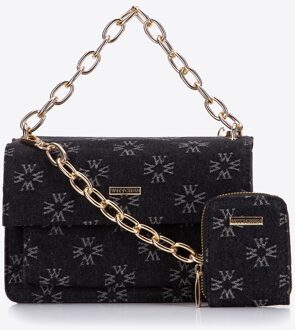 Dames denim messenger bag met monogram, little black dress Zwart