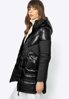 Dames Donsjas in Combinatiematerialen met Capuchon, Zwart Nylon - maat 2XL