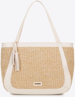 Dames eco-leren en gevlochten shopper tas, beige en crème - maat