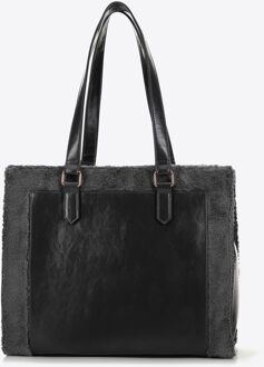 Dames eco-leren shopper met bontafwerking, grijs