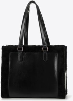 Dames eco-leren shopper met bontafwerking, zwart