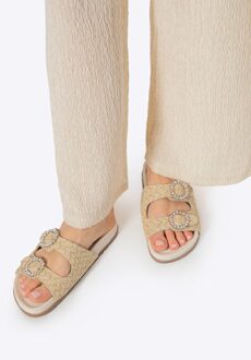 Dames Faux Raffia Slides Beige, Beige Synthetisch Materiaal