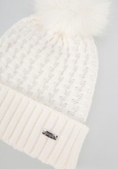 Dames fijngebreide muts met pompon, crème viscose - maat