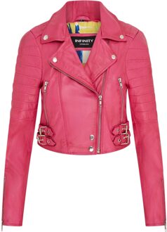 Dames fuchsia roze cropped Brando leren bikerjack - Bellville - maat EU 42 / UK 14