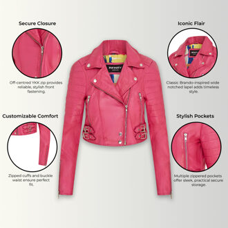 Dames fuchsia roze cropped Brando leren bikerjack - Damascus - maat EU 40 / UK 12