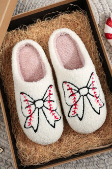 Dames Fuzzy Slippers Honkbal Strik Ontwerp Lichtgrijs