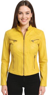 Dames geel casual slim-fit leren bikerjack - Tulsa - EU 52 / UK 24