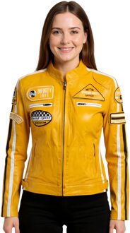 Dames geel leren bikerjack met racebadges - Dalby