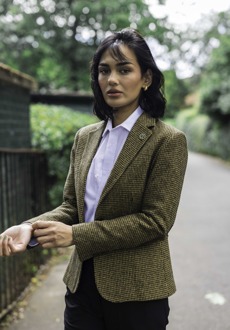 Dames getailleerde bruine pied-de-poule wolmix tweed blazer