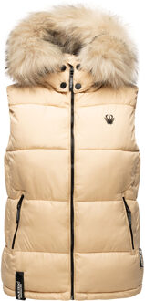 dames gewatteerd vest – Eisflöckchen met capuchon & imitatiebontkraag Beige