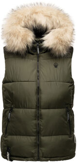 dames gewatteerd vest – Eisflöckchen met capuchon & imitatiebontkraag Groen - L