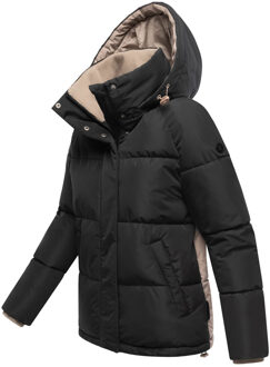 dames gewatteerde jas Omariaa met colorblock & afneembare capuchon Zwart - L