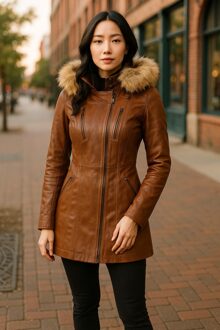 Dames gewatteerde leren parka in bruin leer - Winton - EU 50 / UK 22