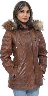 Dames gewatteerde leren parka jas-Curitiba - maat EU 42 / UK 14 Bruin