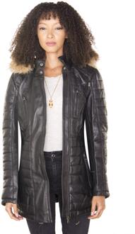 Dames gewatteerde leren parka jas-Curitiba Zwart - EU 36 / UK 8