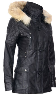 Dames gewatteerde leren parka met capuchon-Northampton Zwart - EU 42 / UK 14