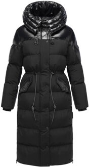 dames gewatteerde mantel Knusperherz met taillekoord & capuchon Zwart - 2XL