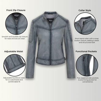Dames Grijs Retro Gewatteerd Leren Bikerjack - Horten - maat