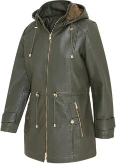 Dames groene leren parka met afneembare borg capuchon en trenchcoat - Trekker - EU 44 / UK 16
