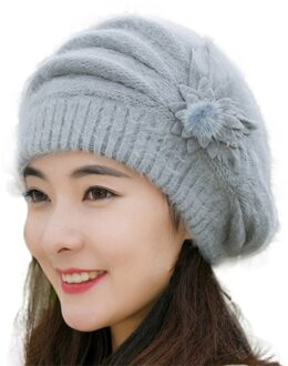Dames Hoed Bloem Brei Haak Beanie Hat Winter Warm Cap Baret Meisje Mode Motorkap Cap Zachte wol Hoed grijs