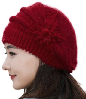 Dames Hoed Bloem Brei Haak Beanie Hat Winter Warm Cap Baret Meisje Mode Motorkap Cap Zachte wol Hoed rood