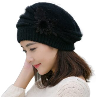 Dames Hoed Bloem Brei Haak Beanie Hat Winter Warm Cap Baret Meisje Mode Motorkap Cap Zachte wol Hoed zwart