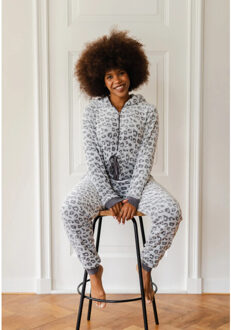 Dames huispak onesie fleece grijs panterprint - maat S Veelkleurig