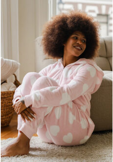Dames huispak onesie fleece hartjes Roze - XXL