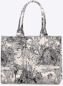 Dames jacquard-patroon shoppertas, zwart en crème