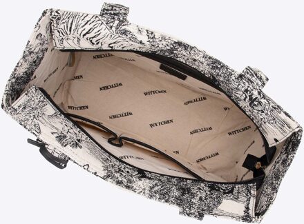 Dames Jacquard Shopper Bag met Kwastje, Zwart en Crème