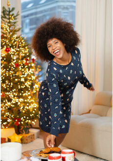 Dames kerst nachthemd lange mouw donkerblauw gingerbread - maat L Veelkleurig