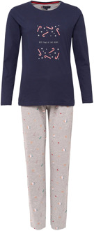 Dames kerst pyjama set shirt donkerblauw met zuurstokken + grijze broek met print Print / Multi - L