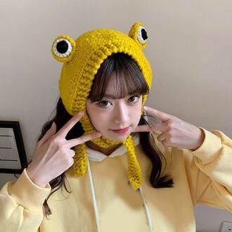 Dames Kikker Gebreide Wollen Hoed Zoete En Warme Herfst En Winter Hoofddeksels THIN889 geel