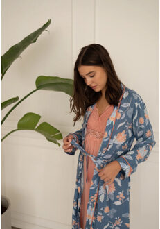 Dames kimono ochtendjas bamboe viscose blauw/oranje gebloemd Veelkleurig - S