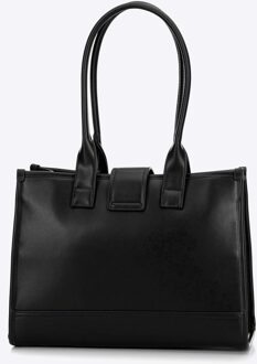 Dames Klassieke Schoudertas met Stoffen Inzetstuk, Zwart, Eco-leer