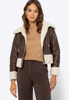Dames kort bruin imitatieleren jasje met bont - XL