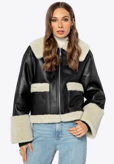 Dames Kort Jasje met Imitatiebont Zwart Kunstleer - XL