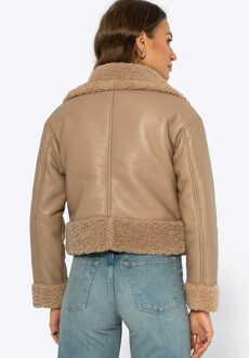 Dames korte beige jas met bont, beige eco-leer - maat