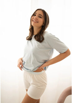 Dames korte pyjama set shortama lichtblauw/off-white gestreept - maat XL Ecru