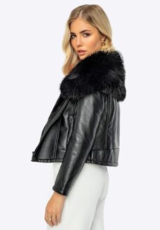 Dames korte zwarte eco-leren jas - maat L