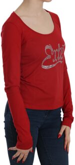 Dames Lange Mouw Blouse met Rode Kristallen Versiering Zwart