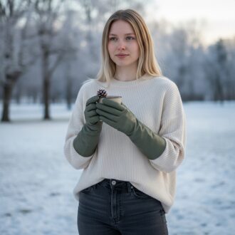 Dames lange olijfgroene Italiaanse leren winterhandschoenen met zachte wollen voering