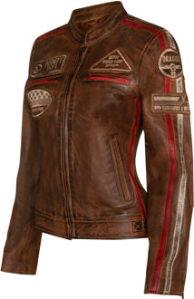 Dames lederen biker racebadges jas-Agadir Bruin