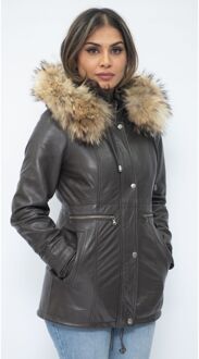 Dames lederen parka jas met capuchon-Putian Bruin - EU 44 / UK 16