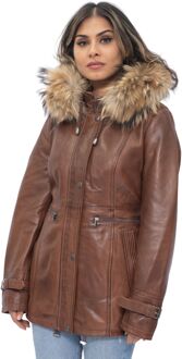 Dames lederen parka jas met capuchon-Putian Bruin - EU 48 / UK 20
