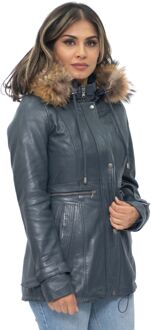 Dames lederen parka jas met capuchon-Putian - maat EU 36 / UK 8 Navy